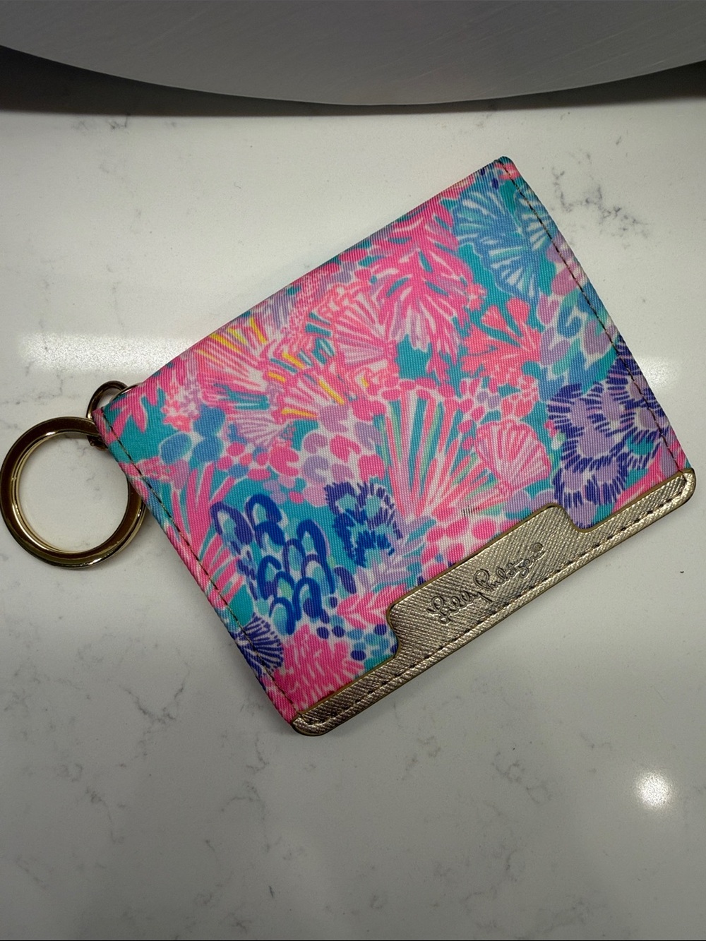 Lilly Pulitzer Pink Teal Purple Floral Card Holder with Gold Keyring